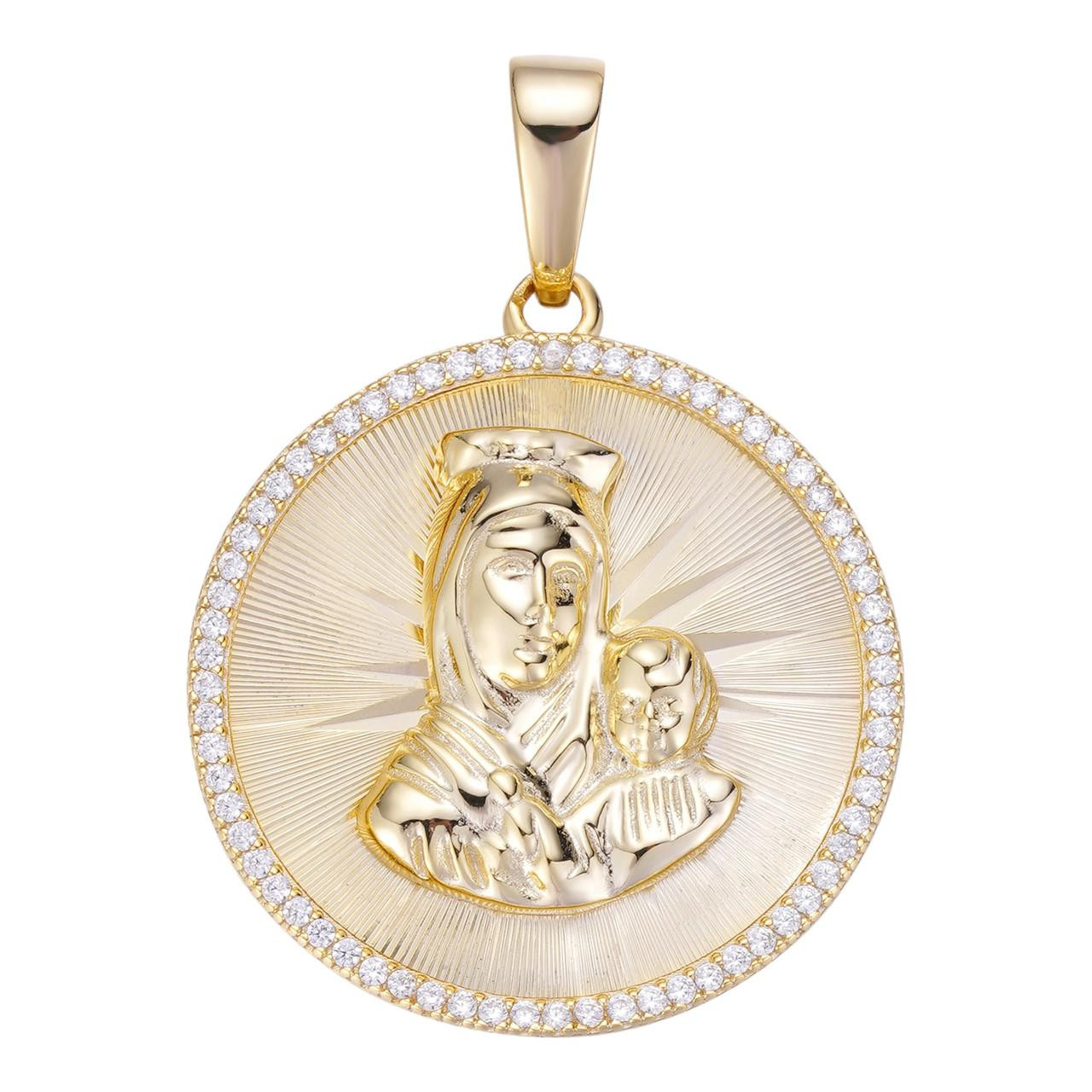 14k Yellow Gold Over 925 Silver Virgin Mary Baby Jesus Coin