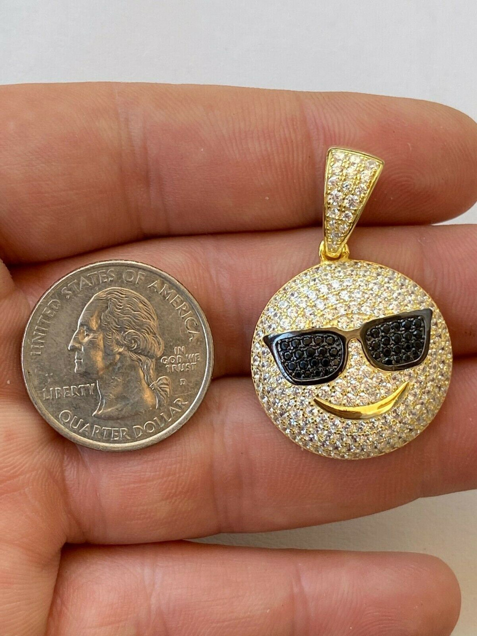 Real 925 Silver Hip Hop Cool Pendant Necklace Iced Smiley W