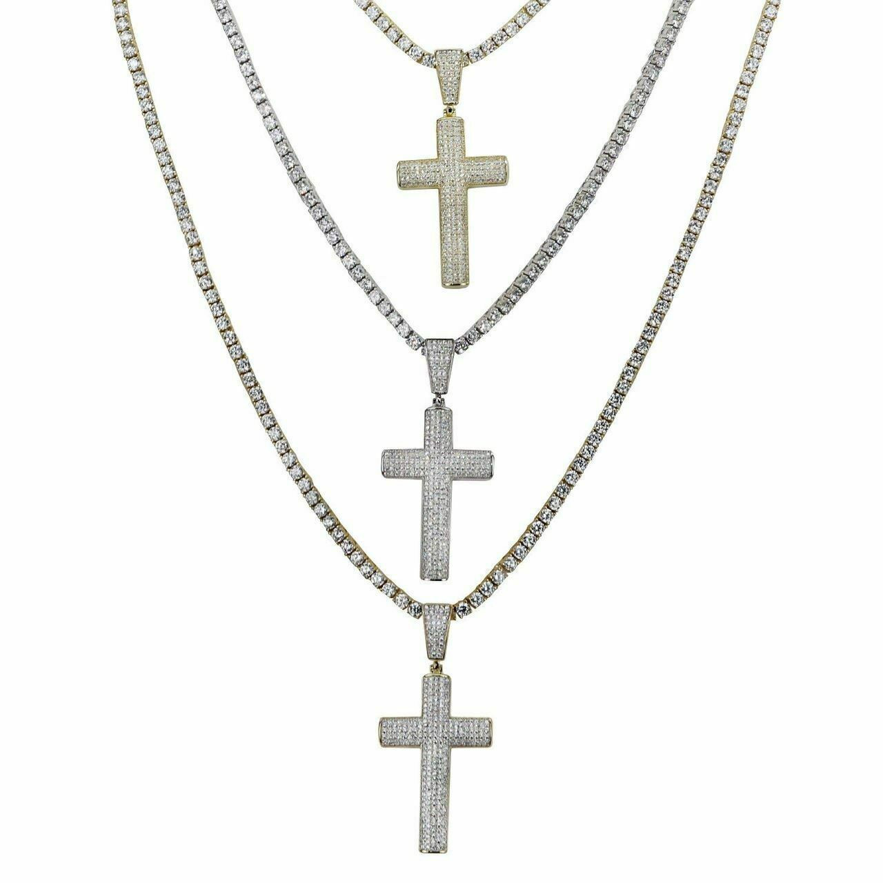 Men's Real Solid 925 Silver Cross W. Tennis Chain Pendant