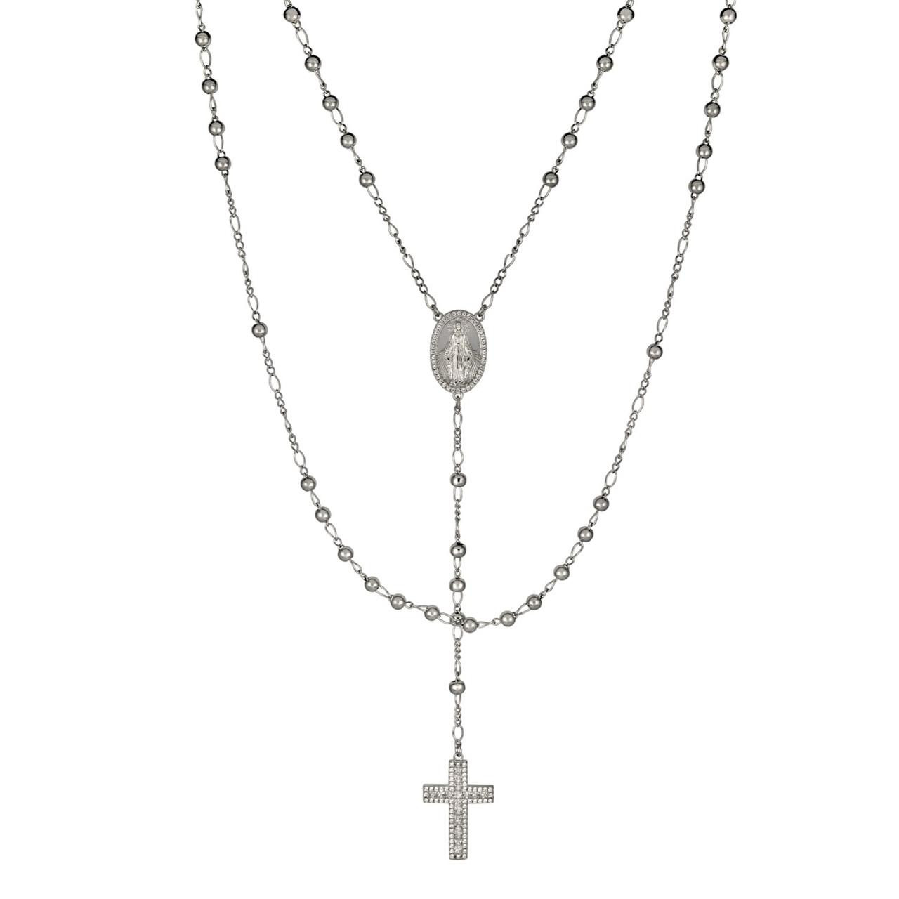 Rosary Beads Necklace Real Solid 925 Sterling Silver Rosario Iced