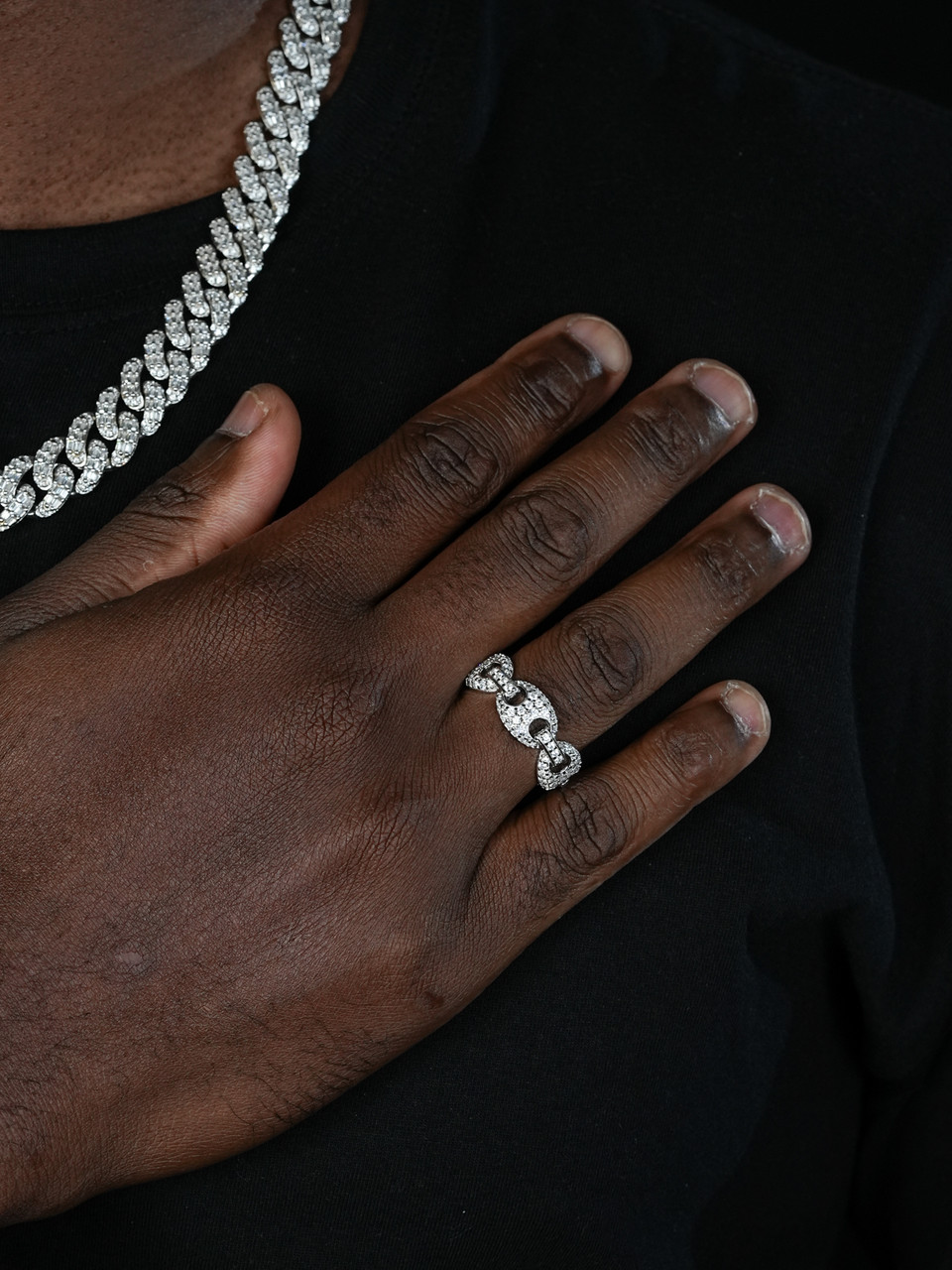 Solid 925 Silver Gucci Link Diamond Pinky RING 14k Gold Wedding