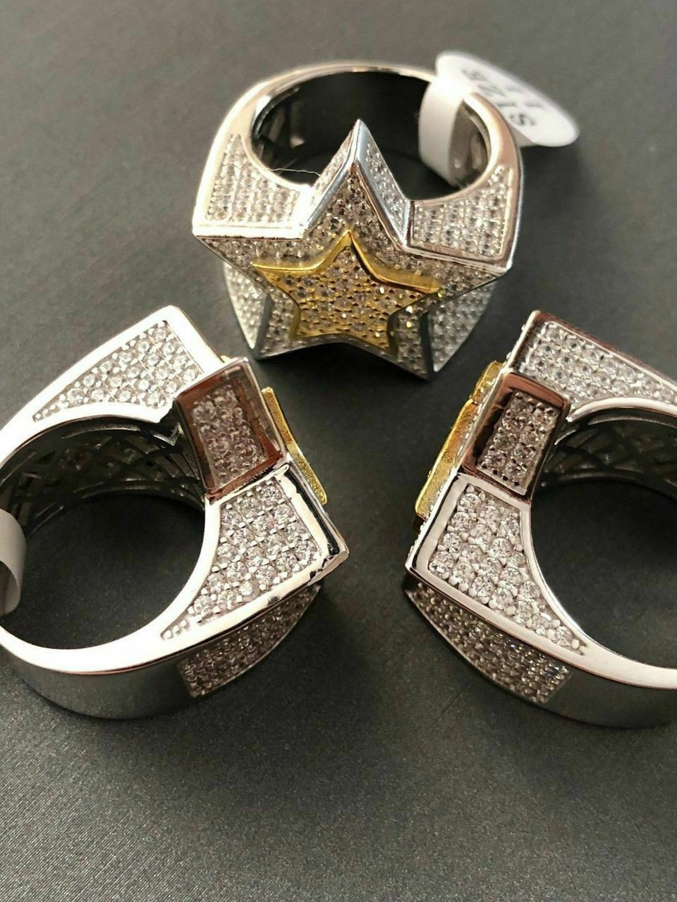 Men's Hip Hop 3D STAR Solid 14k Gold & 925 Silver Diamond