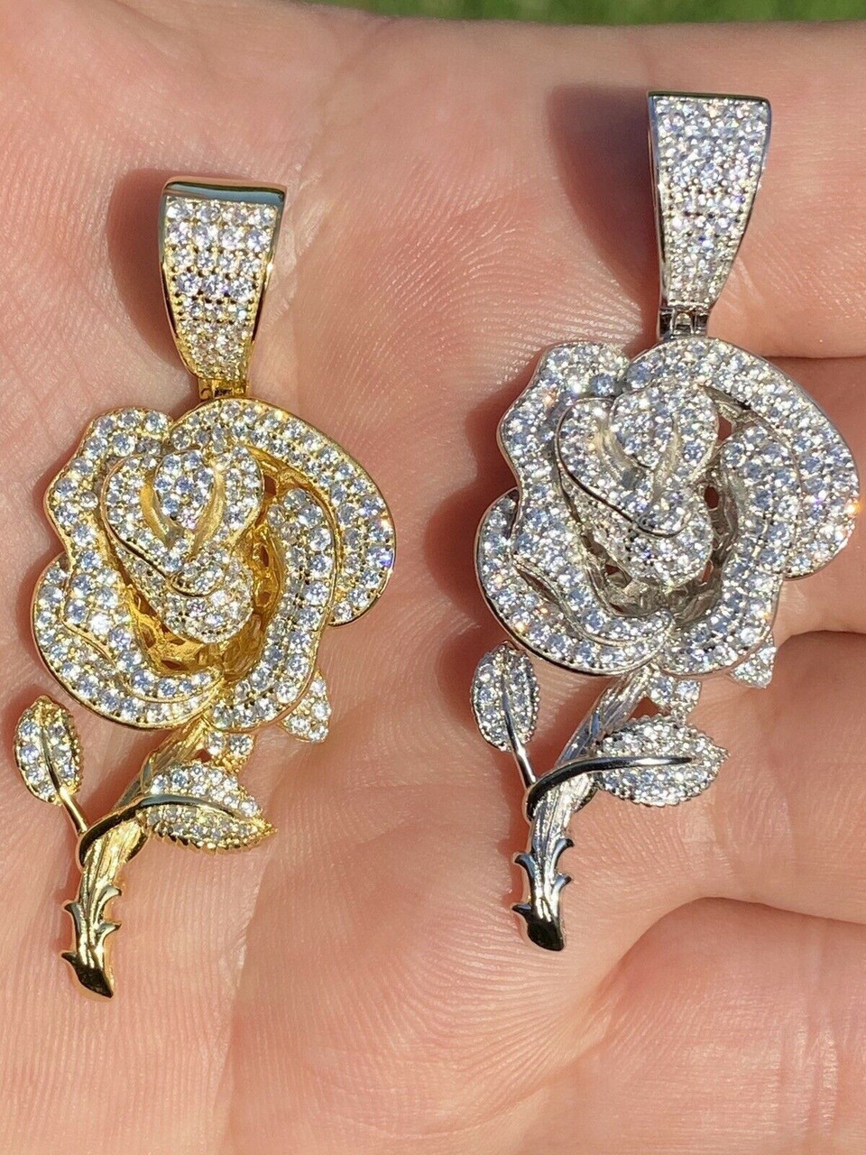 Ladies Solid 925 Silver Rose Flower Pendant Necklace Iced Hip Hop