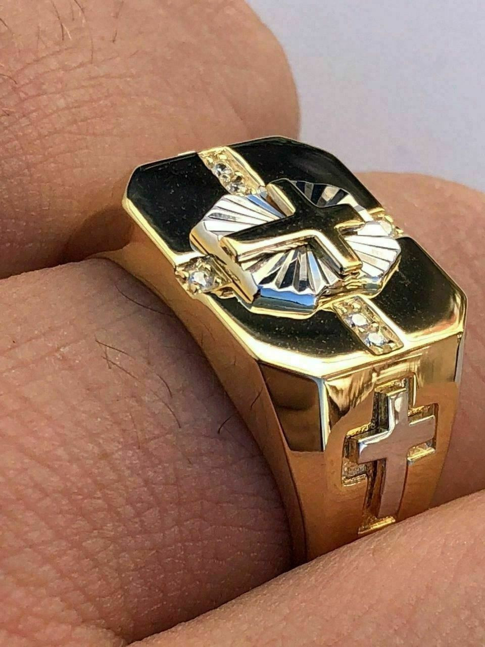 14K Gold Plated Ring　11号 Cross Stainless Steel Gold Plated Cross Ring With .11 ct Cubic