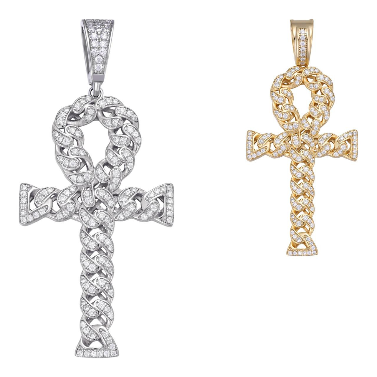 Ankh Cuban Link Cross 14k Gold Solid 925 Sterling Silver