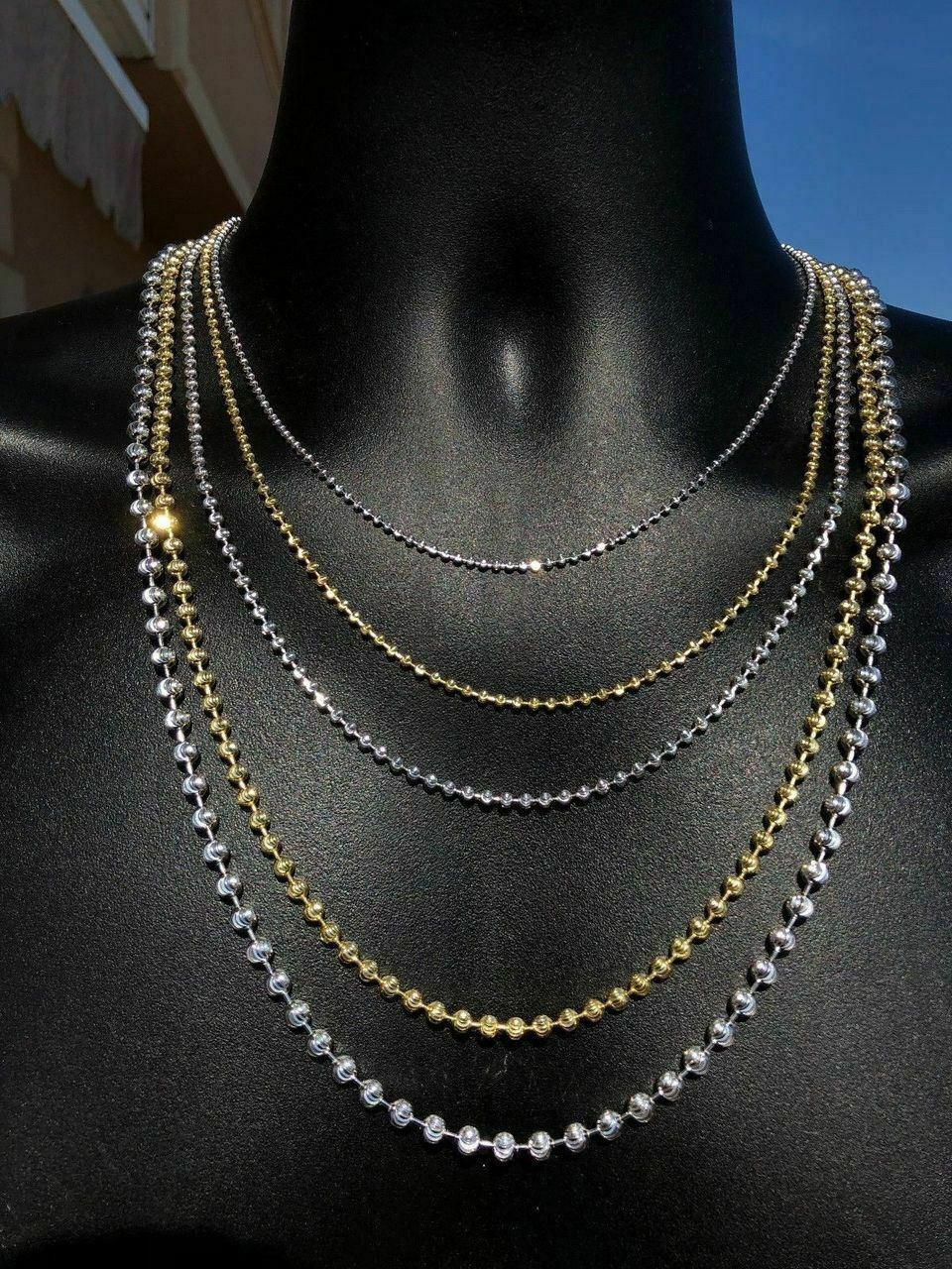 ★PEARLY MORE★ Little man Cutting Ball Chain Necklace Women's 14K White Gold Solid Moon Cut Necklace MOCS/14WHWM