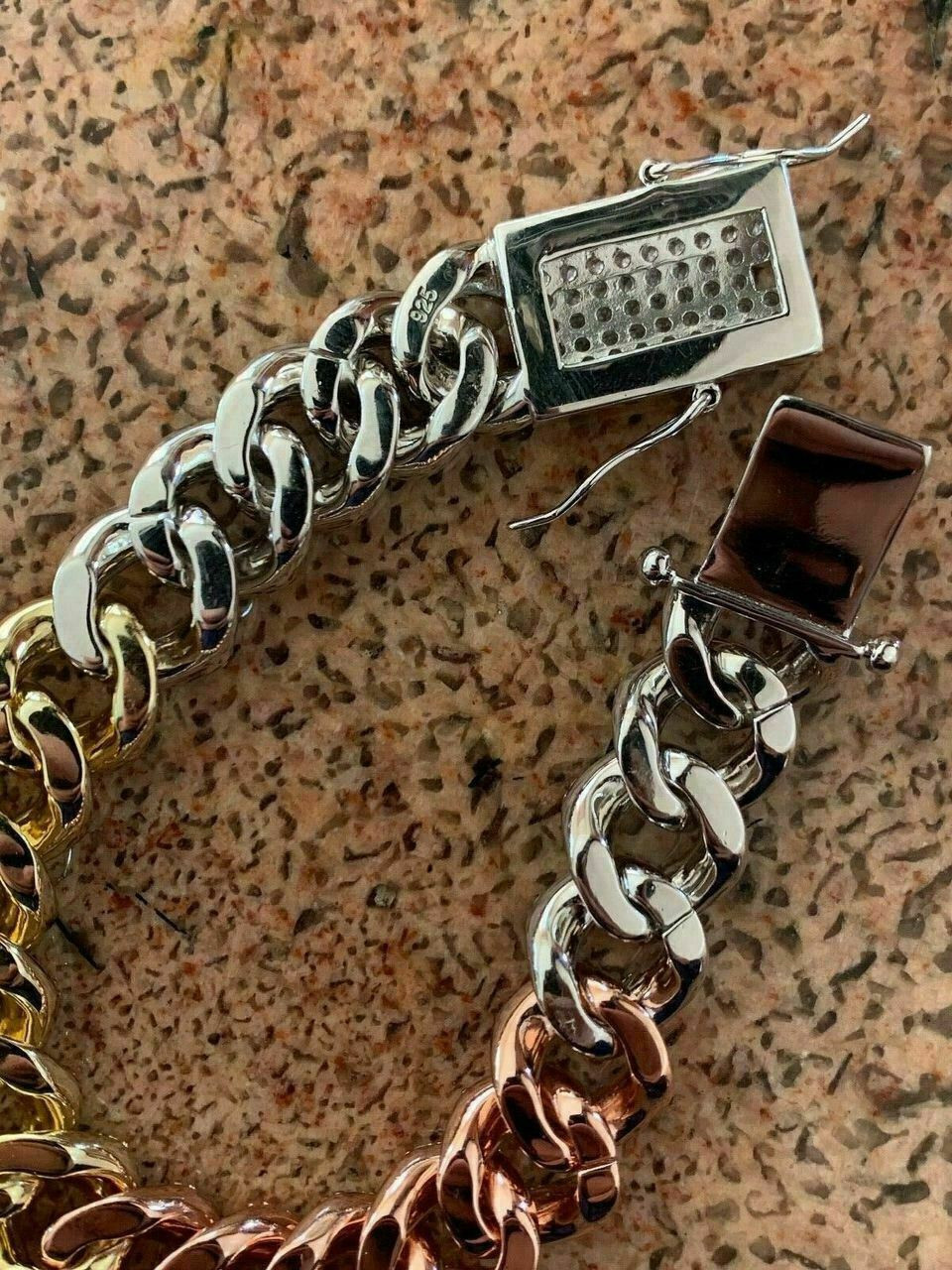 Mens Miami Cuban Link Bracelet Tri Color Solid 925 Silver Rose