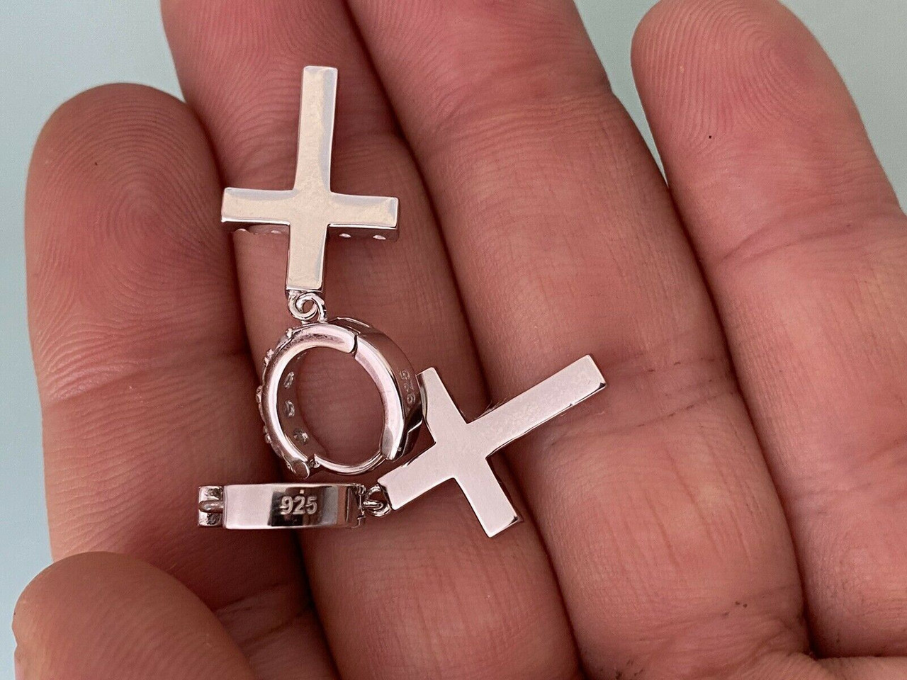 Solid 925 Sterling Silver Men Ladies Dangle Cross Hoop