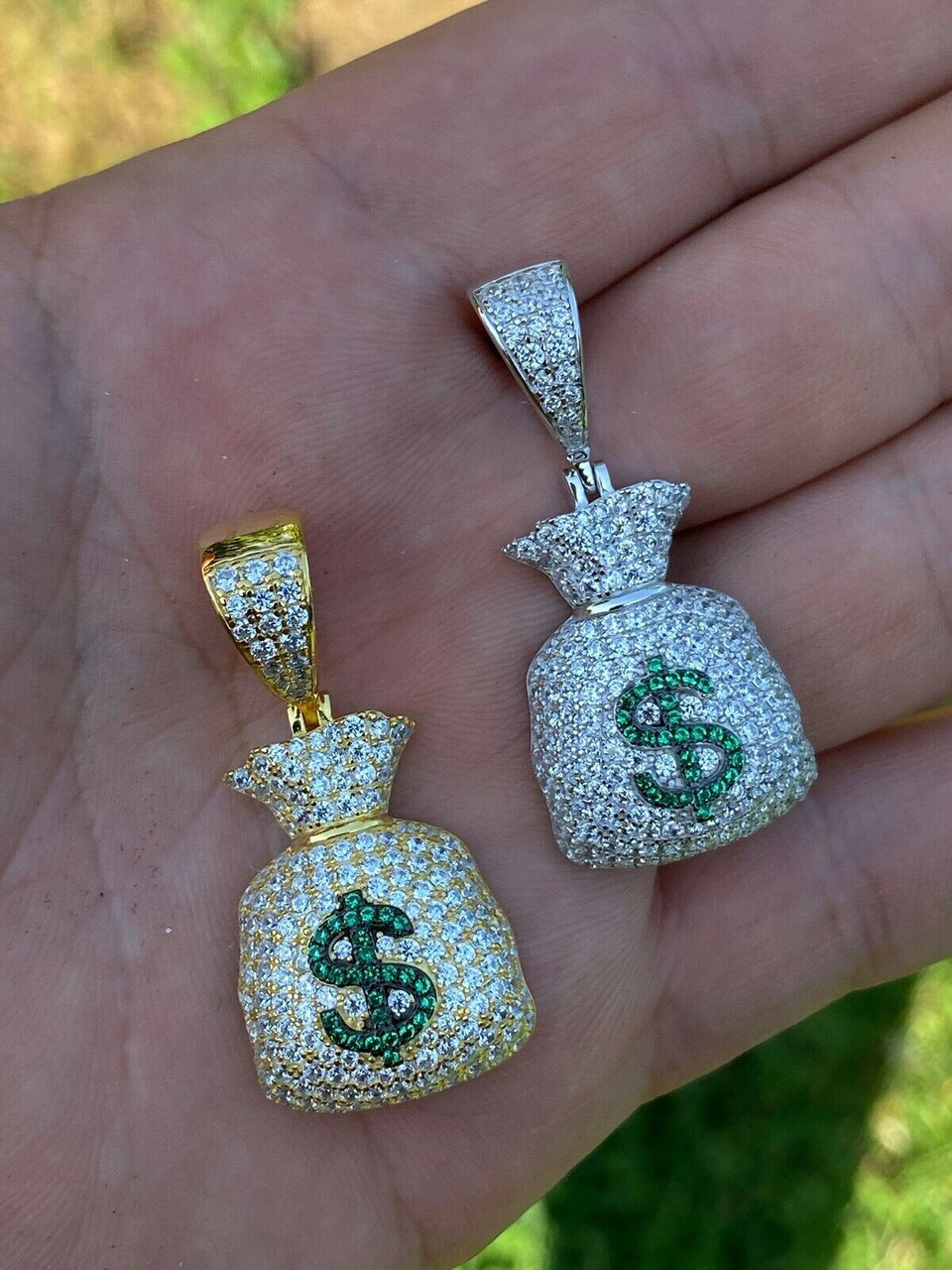 Solid 925 Silver Hip Hop Money Bag Emoji Pendant Necklace