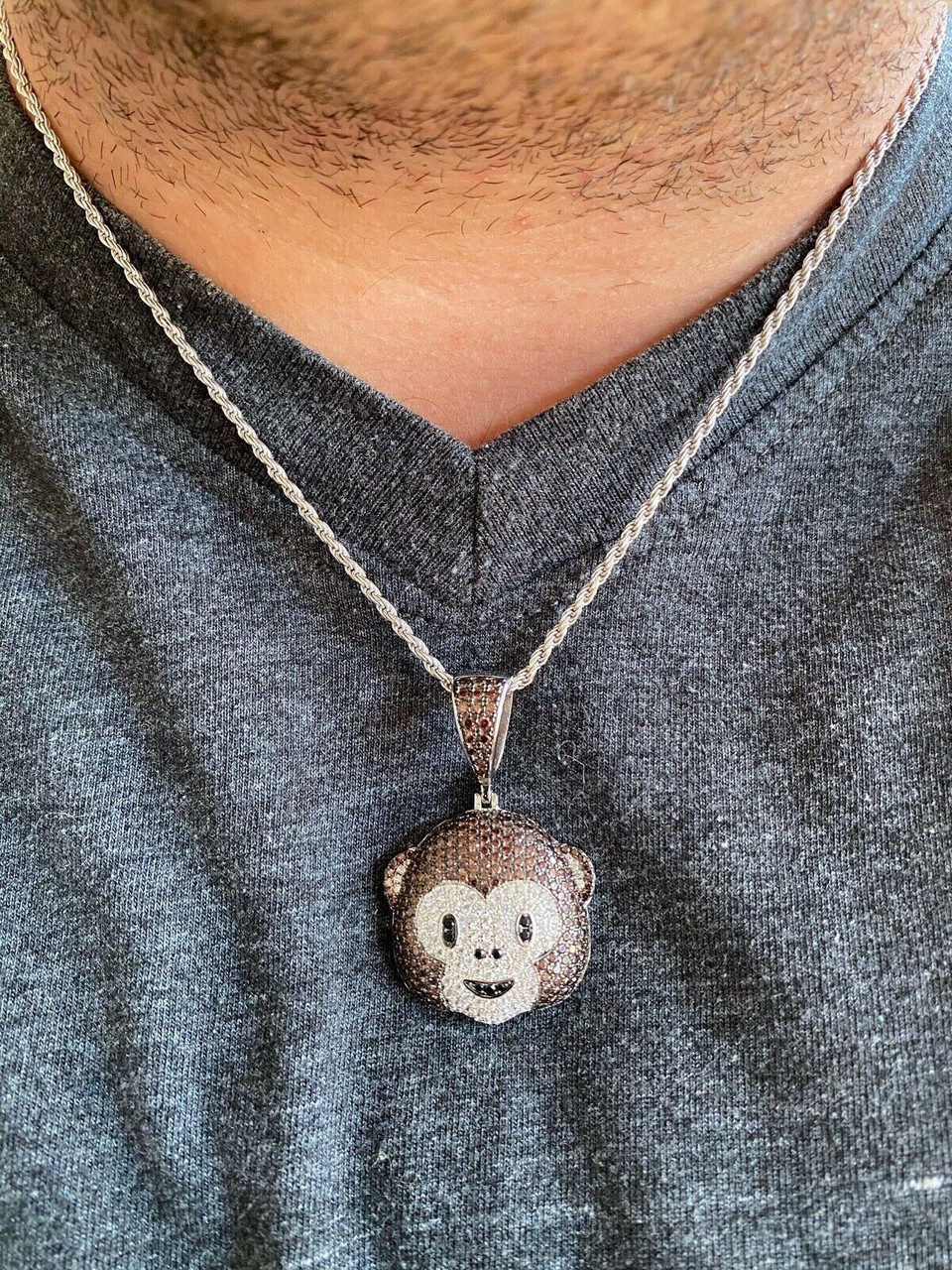 ☺Himi☺ Real Solid 925 Silver Hip Hop Monkey Face Emoji Pendant