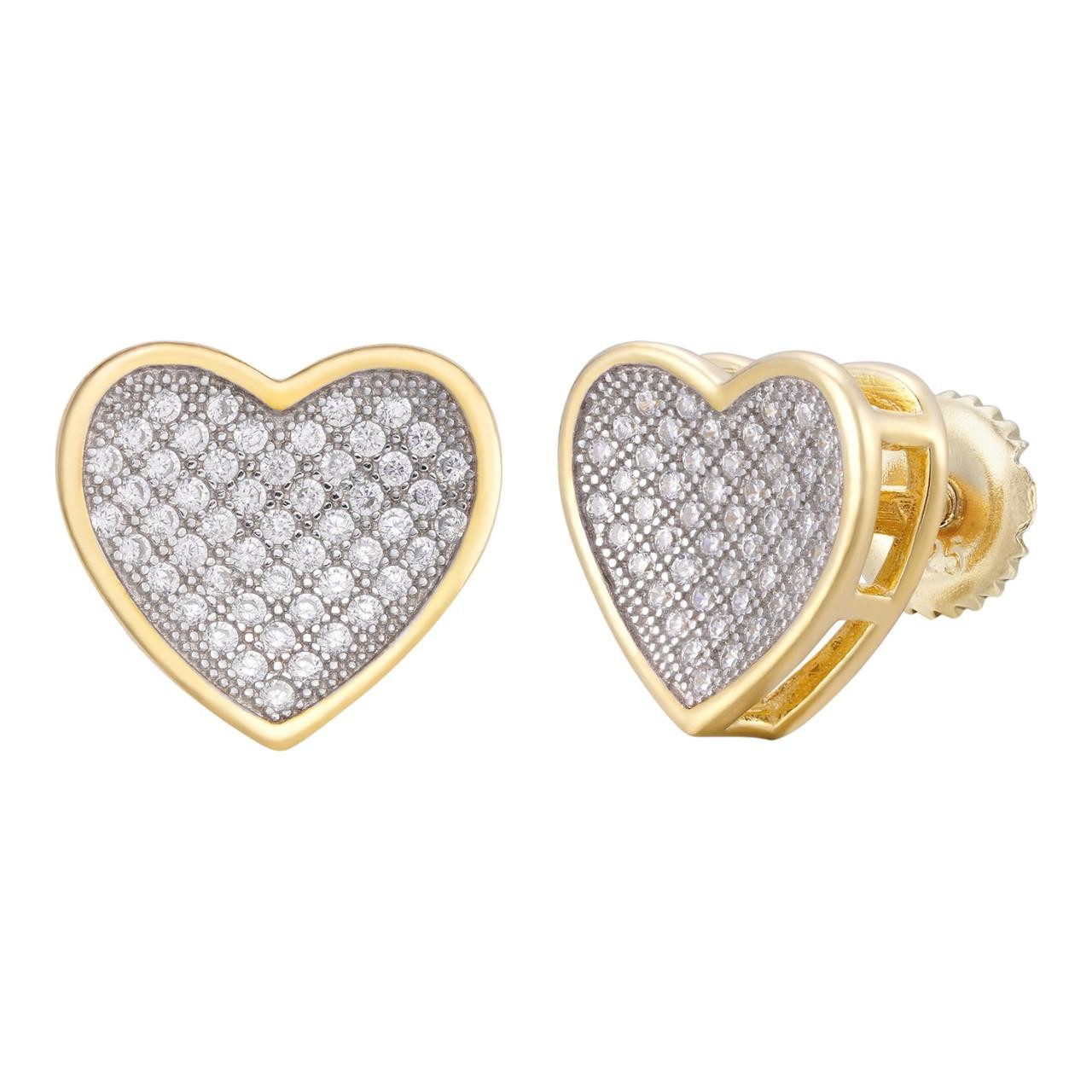 14K Gold Real 925 Silver Heart Earrings Diamond Studs Iced 14K Gold Real 925 Silver Heart Earrings Diamond Studs Iced