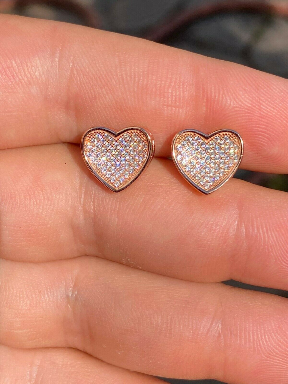 14K Rose Gold Over Real 925 Silver Heart Shape Earrings