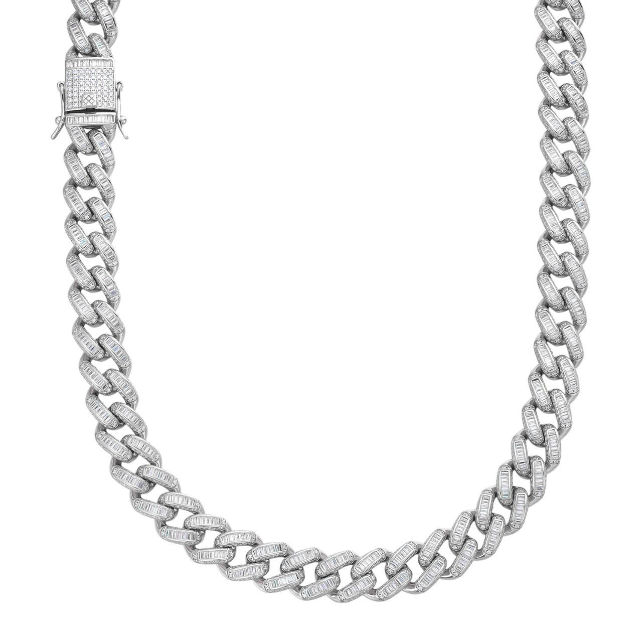 Solid 925 Sterling Silver 12mm Baguette Diamond Miami Cuban