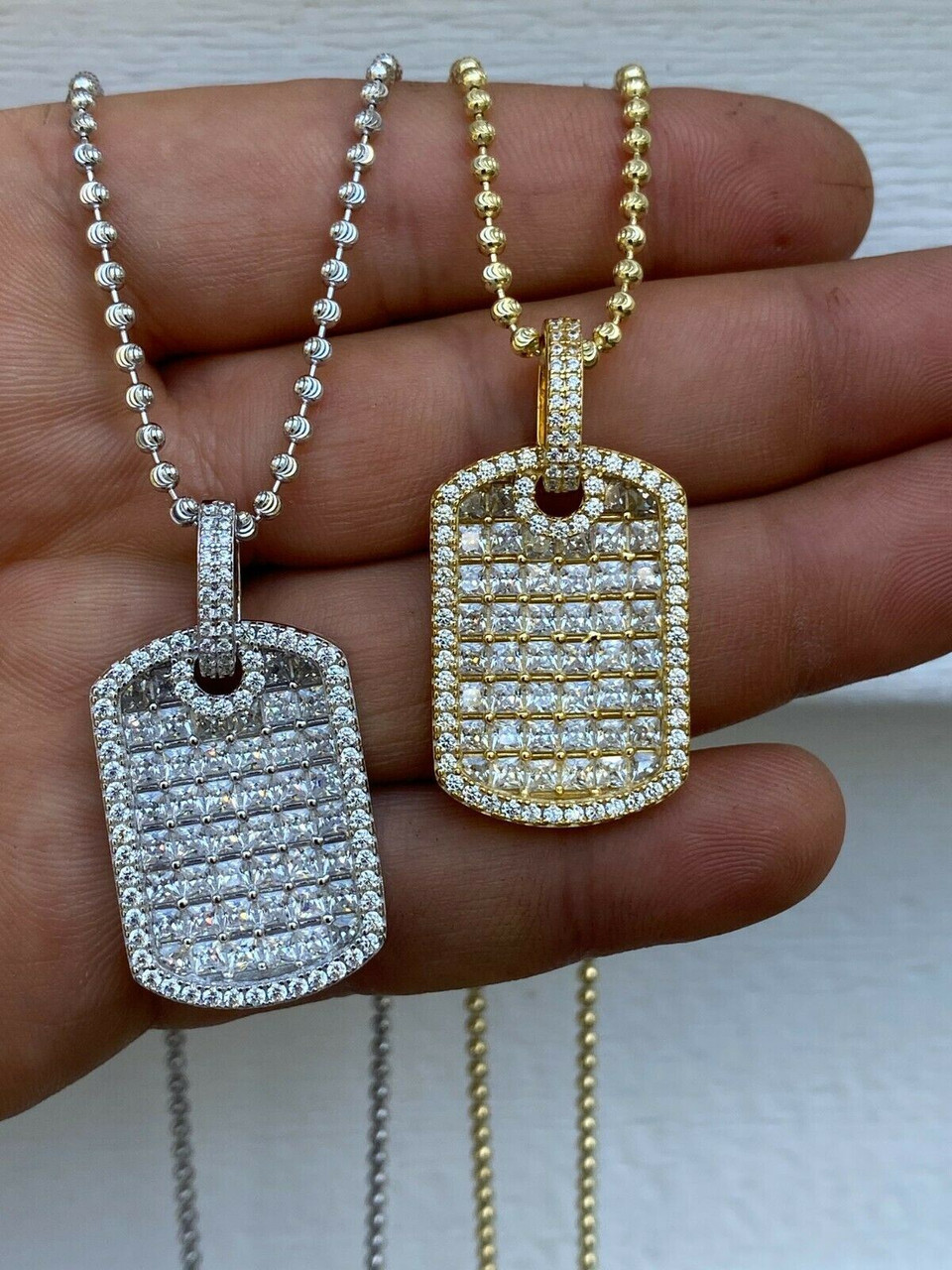 Solid 925 Silver Men's Dog Tag Pendant Iced Baguette Diamond 1.5