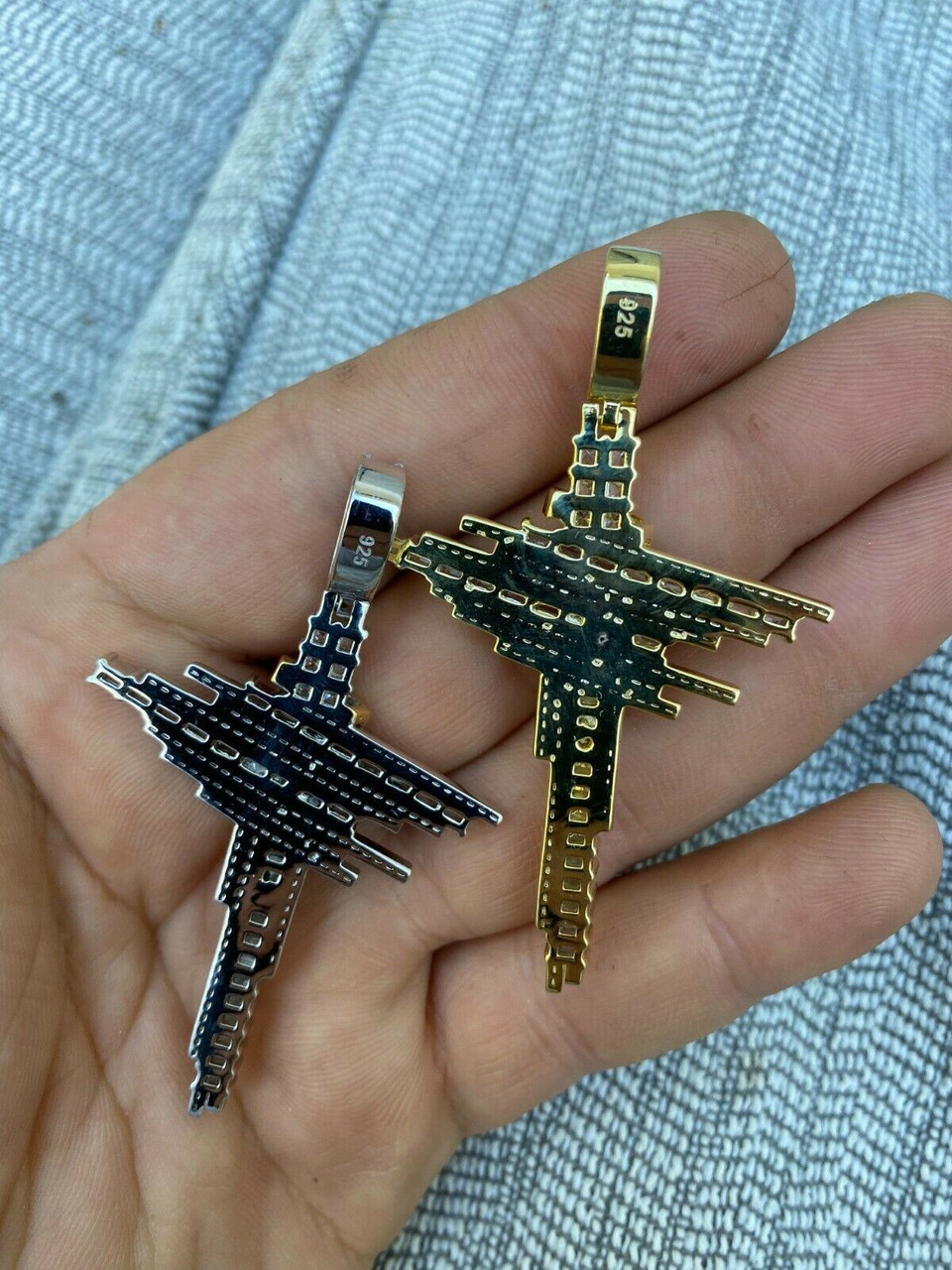 Mens Real Solid 925 Silver Iced Baguette Diamond Jesus Cross