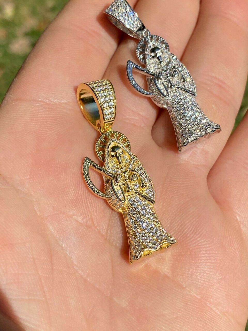 Solid 925 Sterling Silver Gold Santa Muerte Grim Reaper