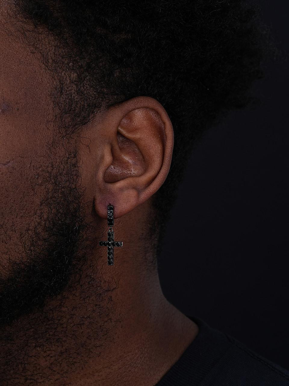 Real Solid 925 Silver Men Ladies Dangle Cross Hoop Earrings Iced