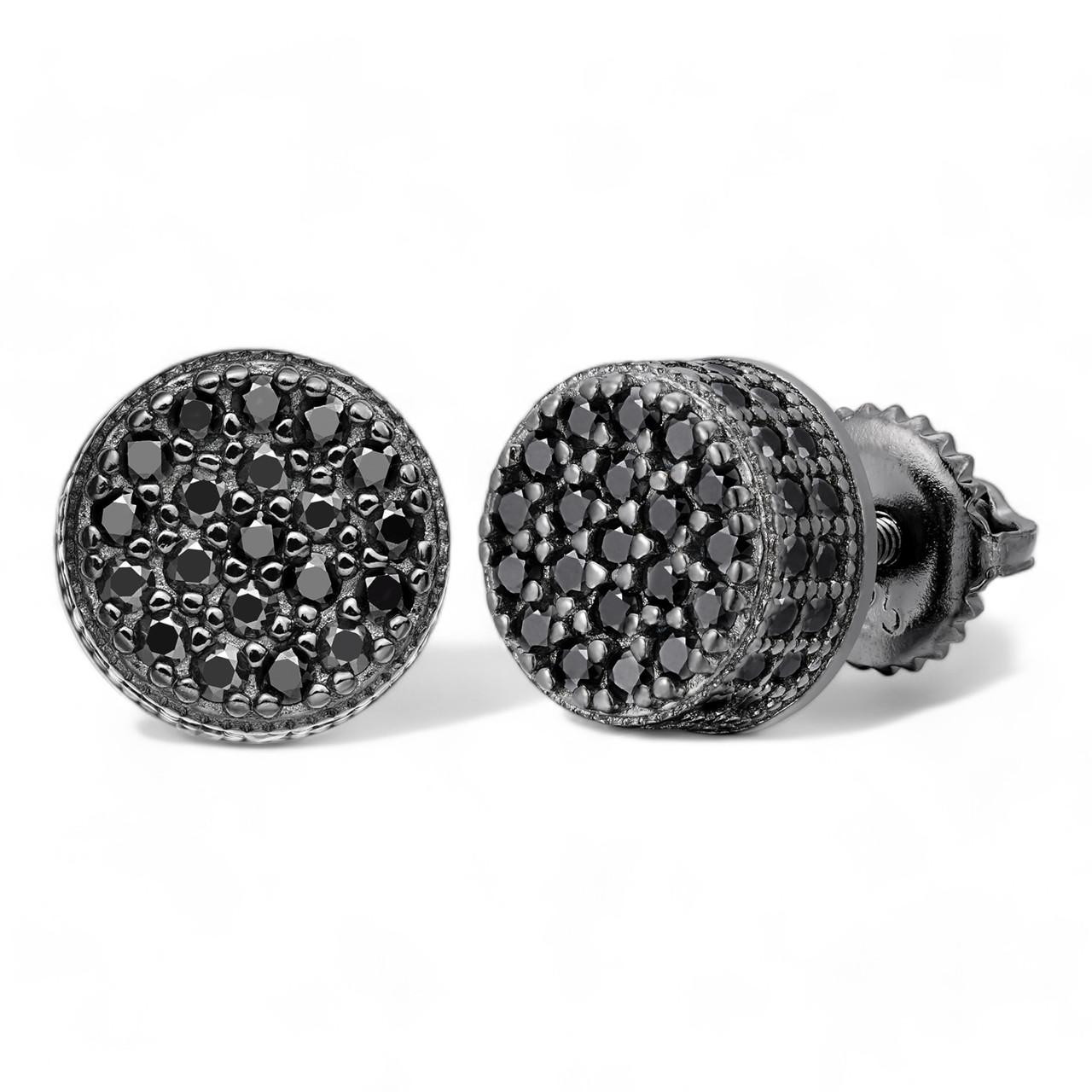 Men Real Solid 925 Sterling Silver Round Cluster Earrings Black