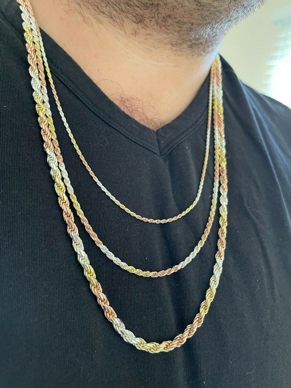 Solid 925 Sterling Silver Yellow Rose Gold Tri Color Rope Chain