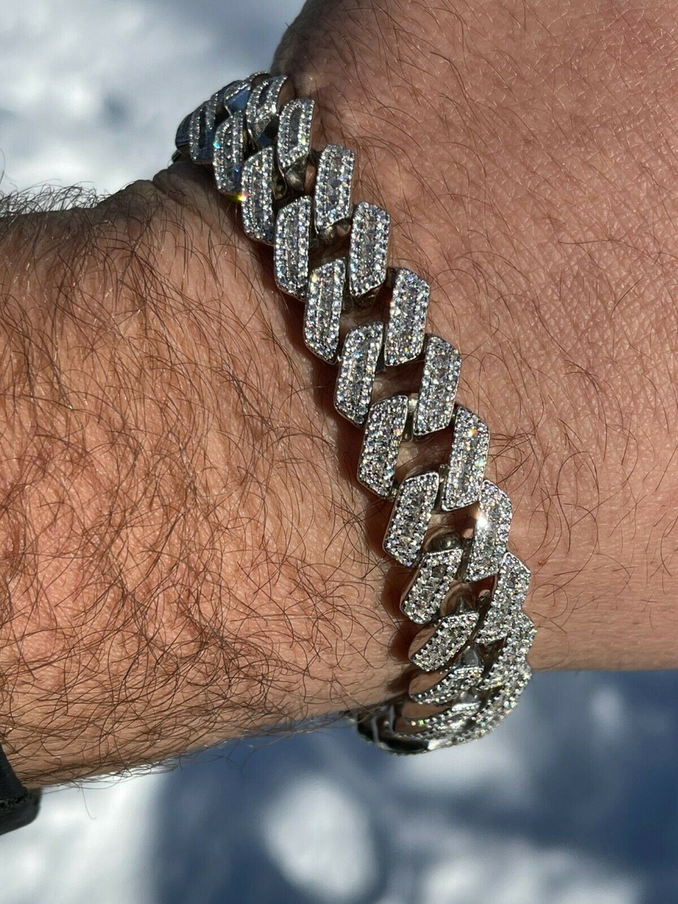Mens Solid 925 Sterling Silver Baguette Prong Miami Cuban