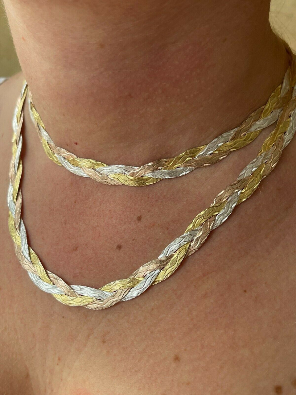 925 Silver Tri Color Yellow Rose Gold Braided Herringbone Chain Necklace 10mm