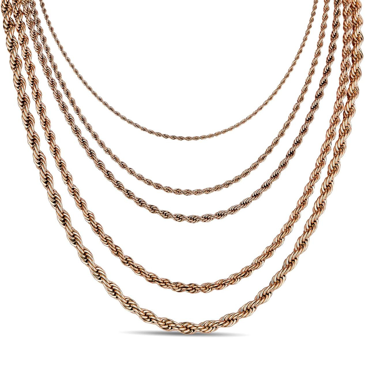 Men's Real Rope Chain Necklace 14k Rose Gold Over Stainless Steel