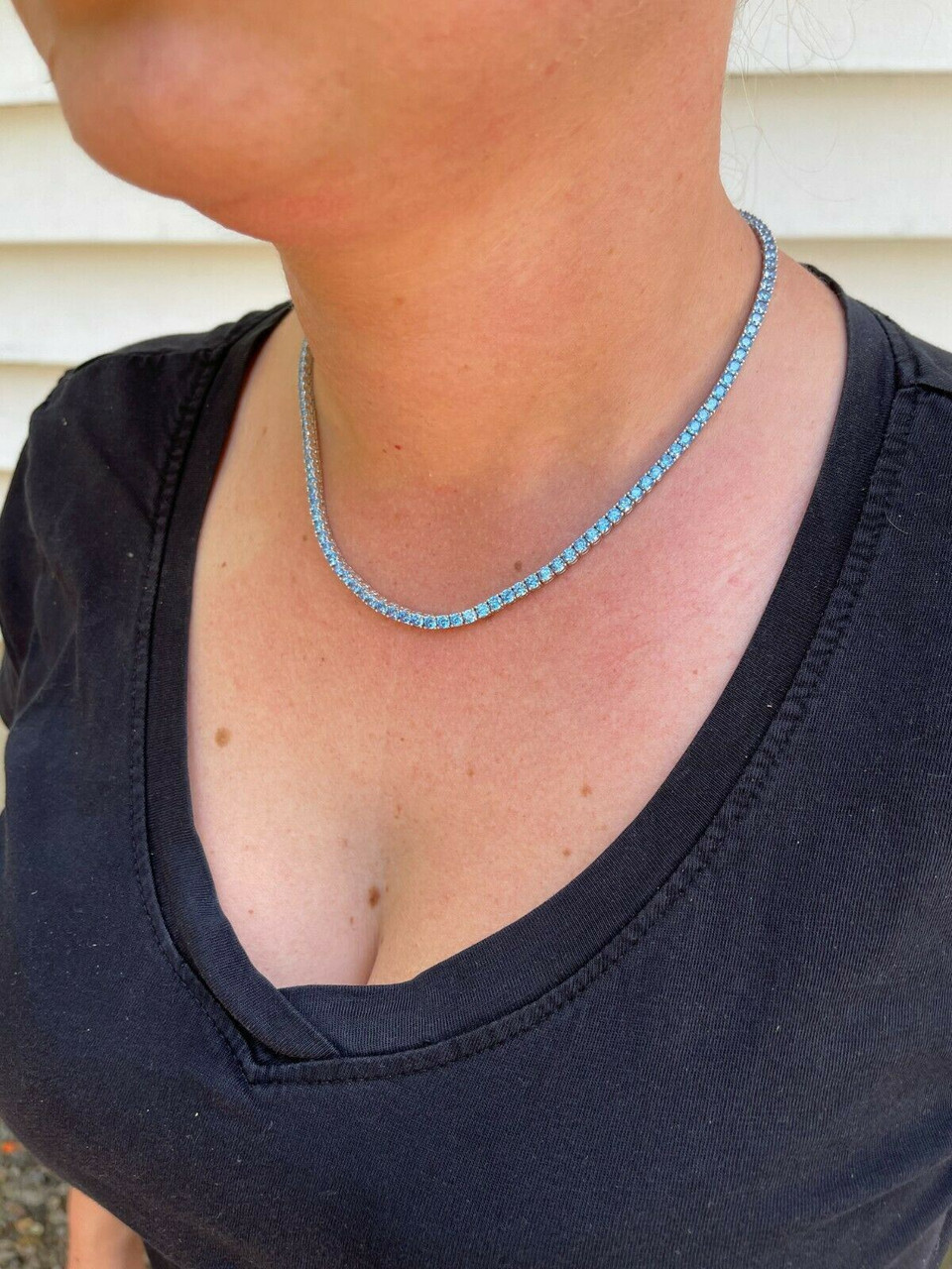 Tennis Chain Real 925 Sterling Silver Aquamarine Blue Diamond