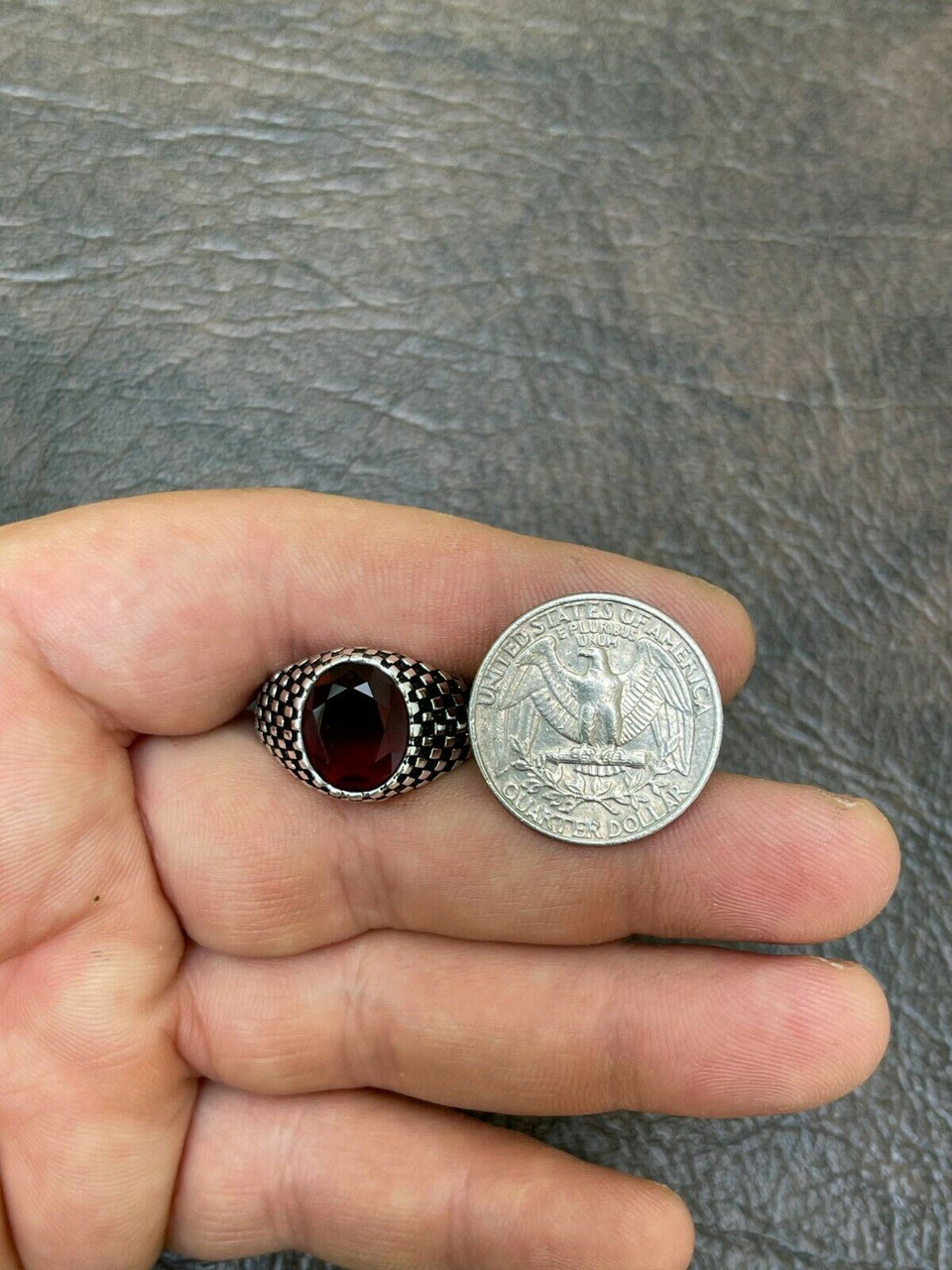 Mens Plain Real 925 Sterling Silver Ruby Red Stone Ring