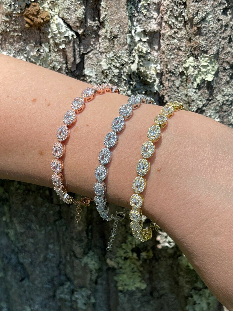 Real 925 Silver Yellow Rose Gold Oval Tennis Diamond Flower