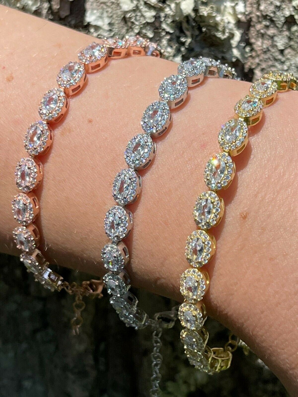 Real 925 Silver Yellow Rose Gold Oval Tennis Diamond Flower