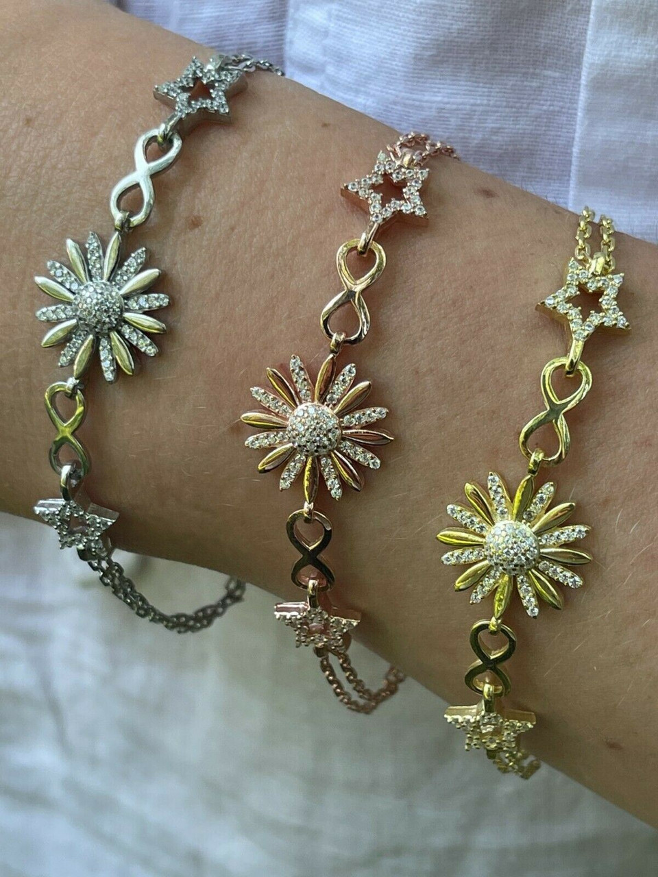 Real 925 Silver / Yellow Rose Gold Flower W. Star Infinity