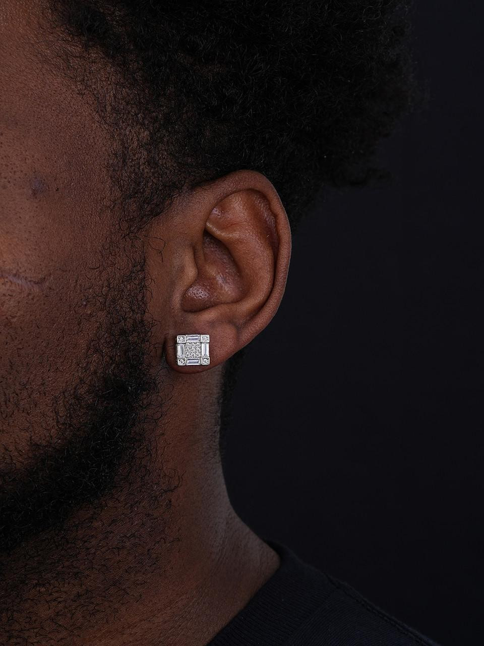 Mens Real 925 Sterling Silver Square Iced Baguette Diamond HipHop