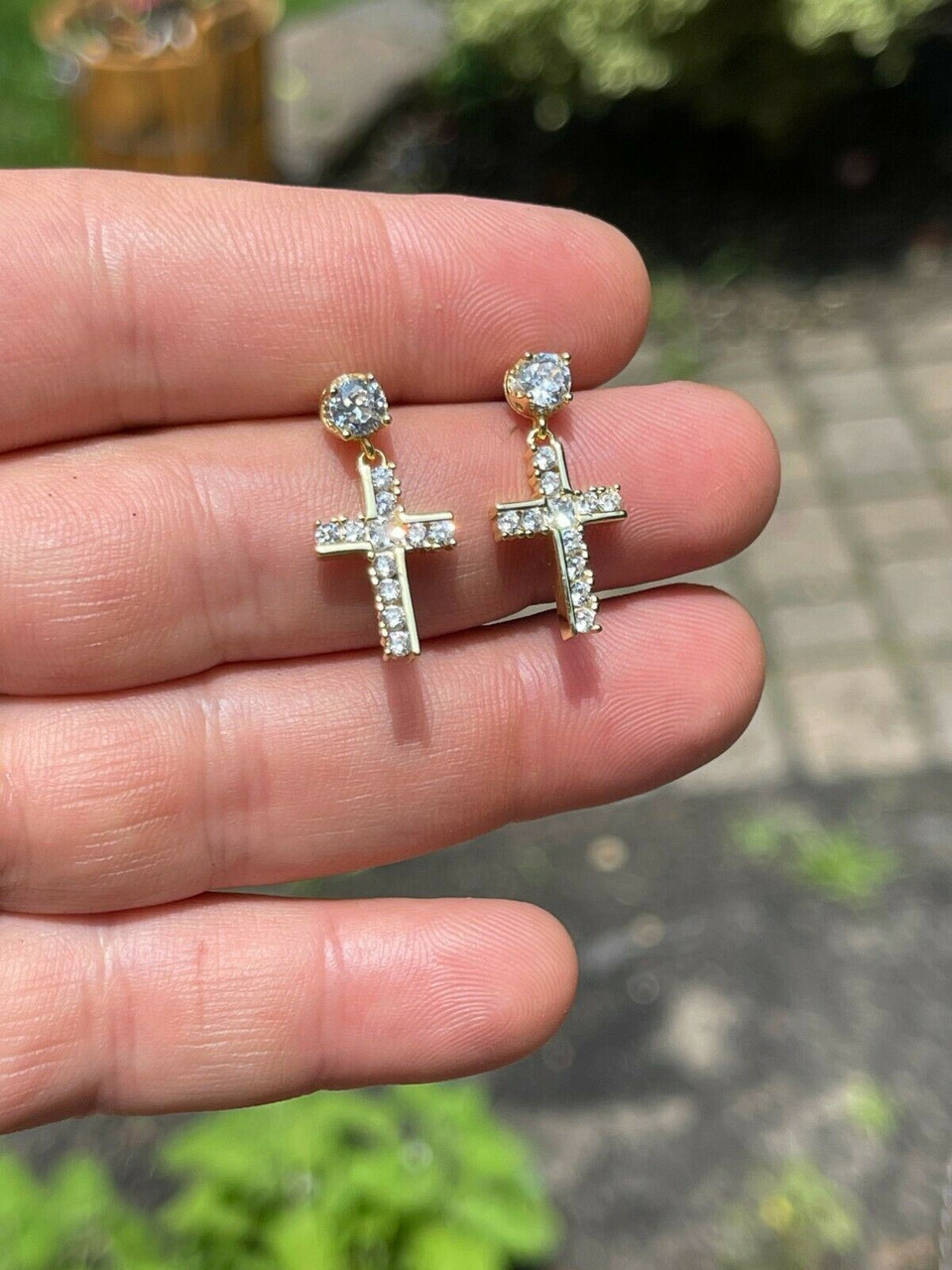 14k Gold Real 925 Silver Iced Cross Dangle Drop Earrings Diamond