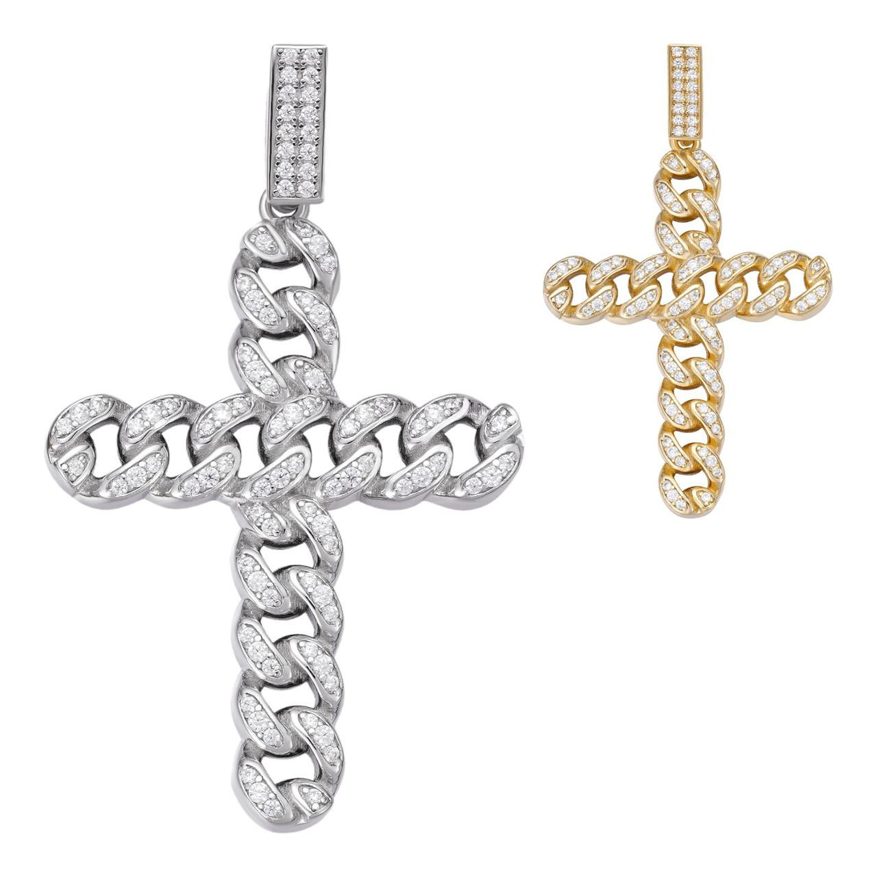 Real 925 Silver / Gold Cuban Link Cross Pendant Iced Hip Hop