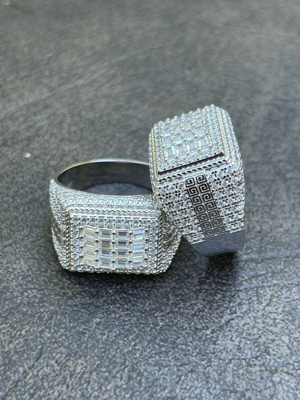 Mens Real 925 Silver Ring Iced Baguette Diamond Pinky Hip