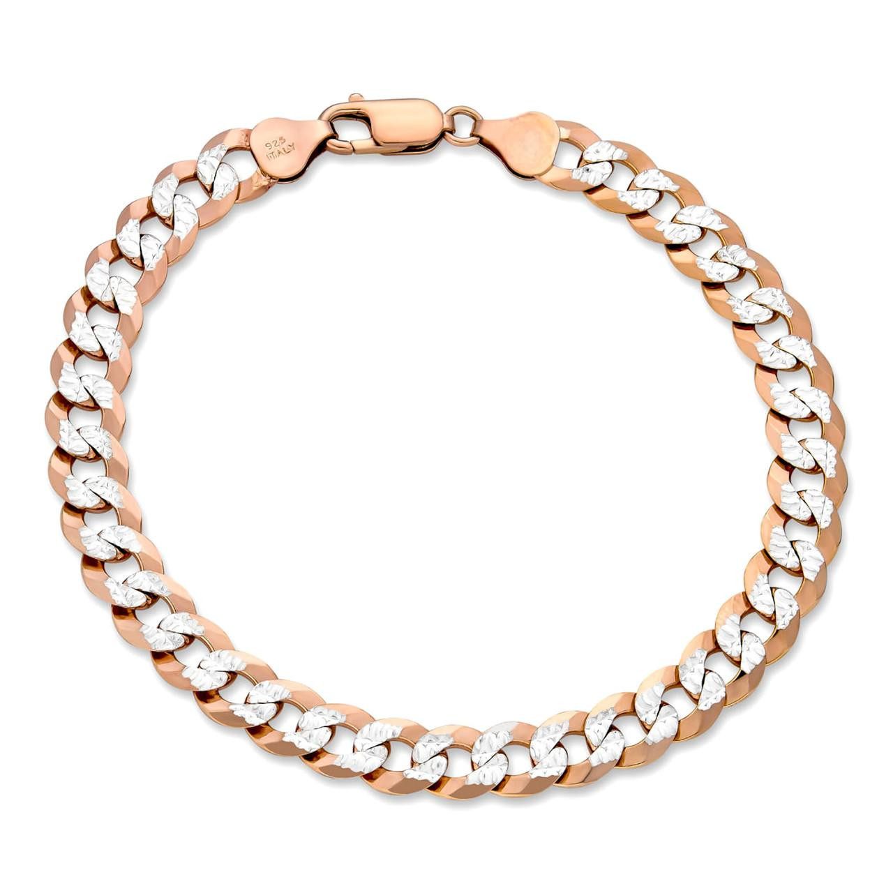 Flat Curb Cuban Bracelet - Two Tone Diamond Cut 14K Rose Gold Vermeil 925 Sterling Silver - 6"-9" - 3mm-10.5mm - 3mm 8"