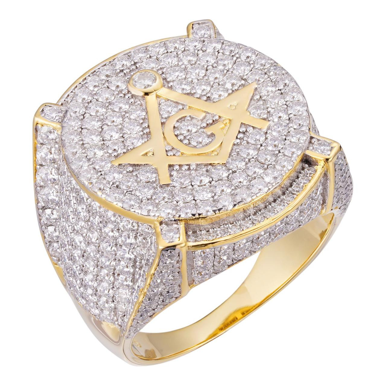 MOISSANITE Freemason Iced Out Ring - 14k Gold Masonic Ring