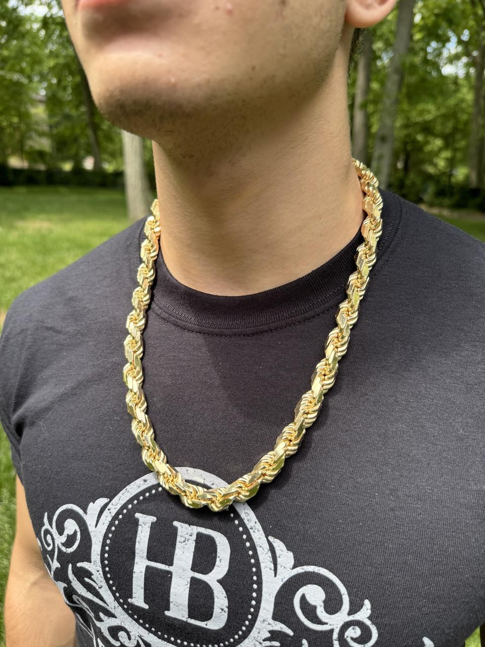 Bling Big Chain Choker 11mm Thick Mens Rope Chain 14k Gold Over