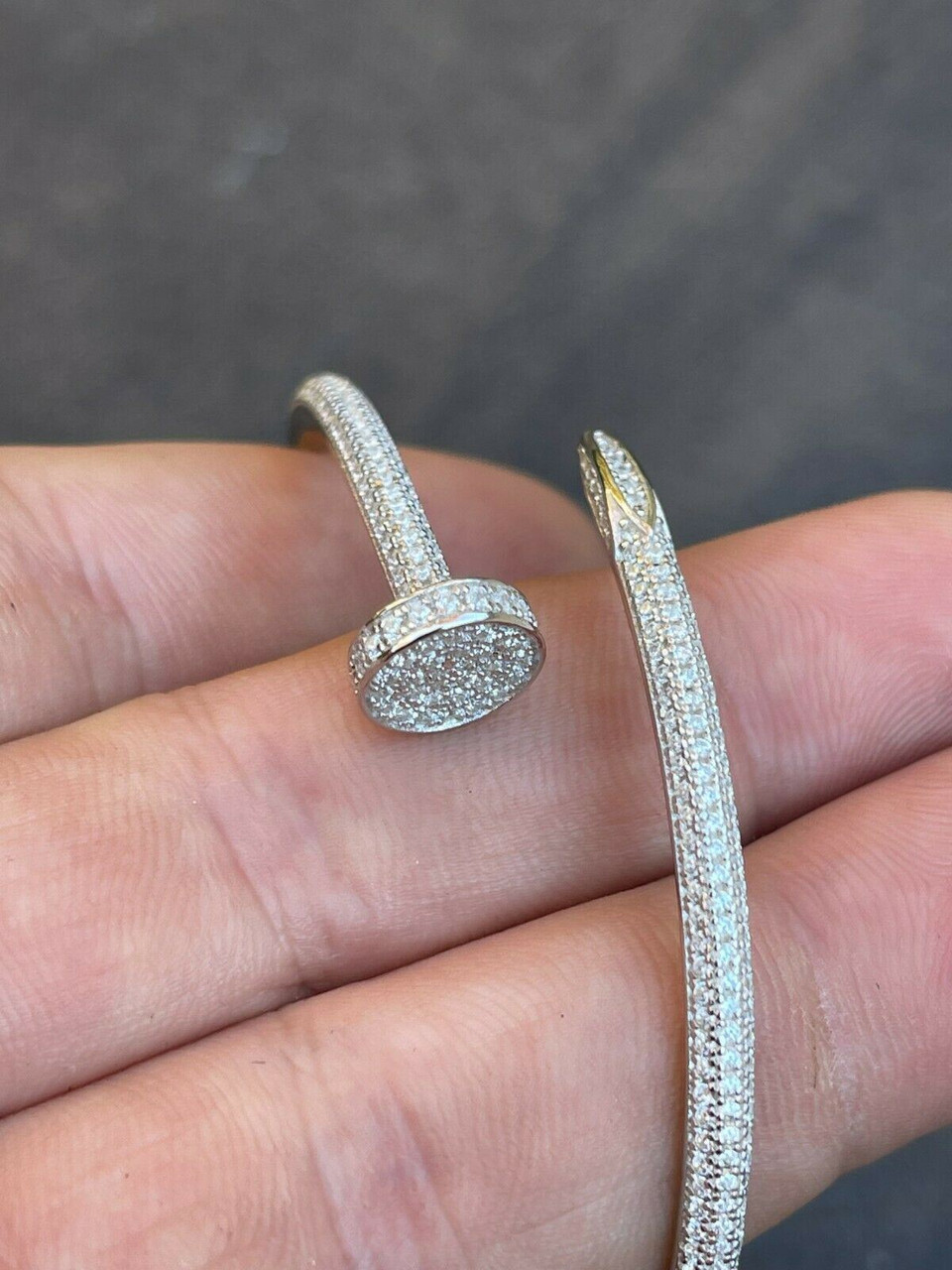 Real 925 Sterling Silver Iced Diamond Nail Bangle Bracelet 6