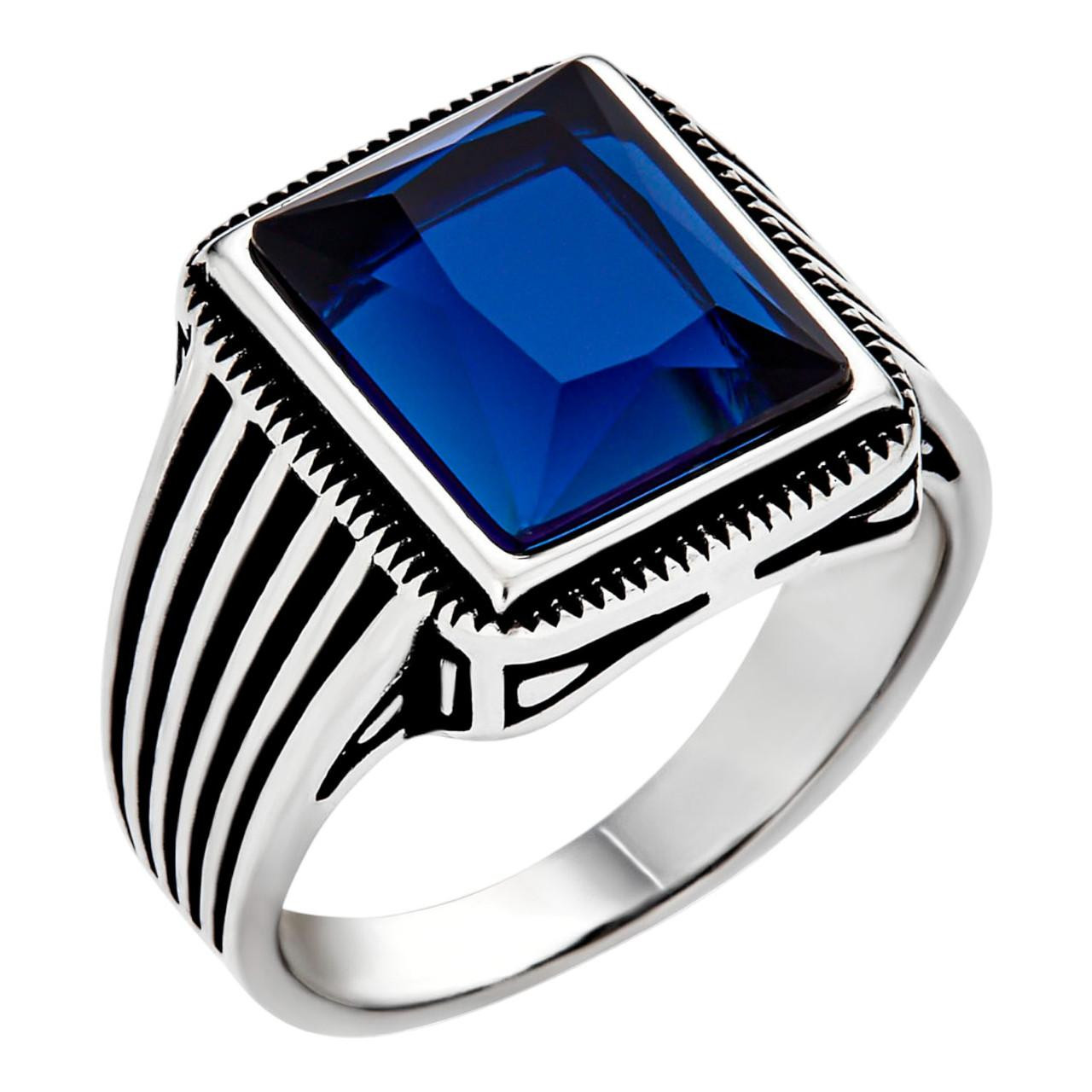 Mens Real Solid 925 Sterling Silver Dark Navy Blue Sapphire Stone