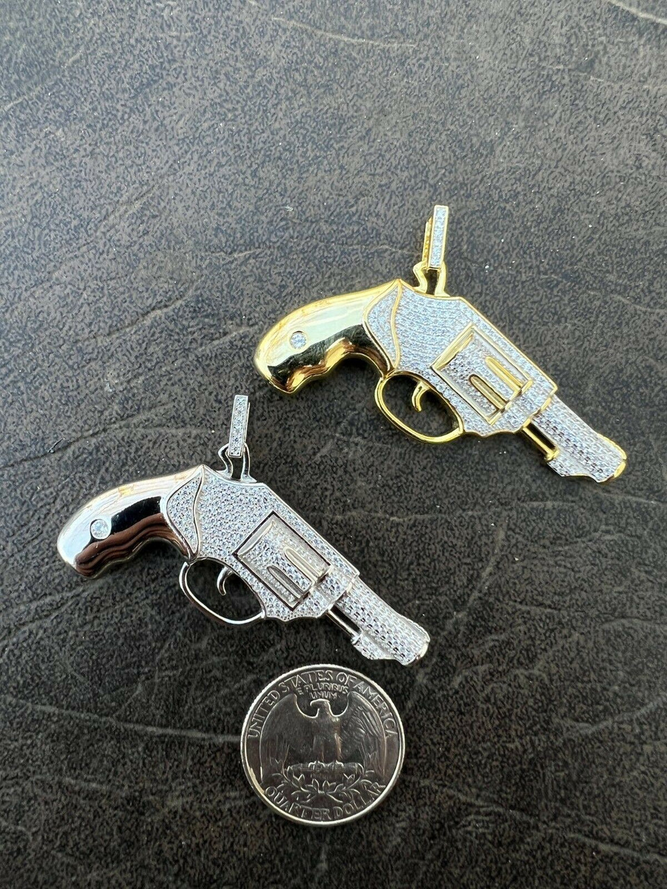 Solid 925 Silver / Gold Iced Diamond Pistol Revolver Gun