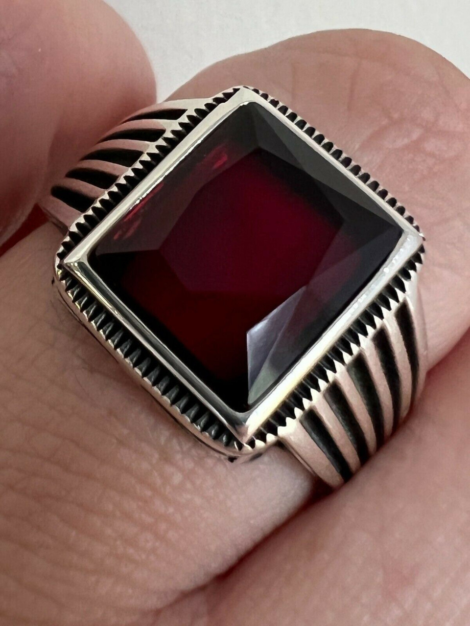 Mens Real Solid 925 Sterling Silver Ruby Red Stone Ring Size