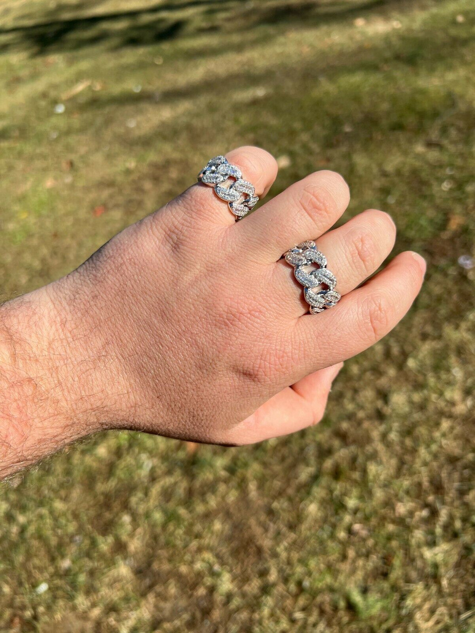 Cuba Chain Stone Silver Ring★2 colors Miami Cuban RING Real Solid 925 Silver Band Pinky Hip Hop