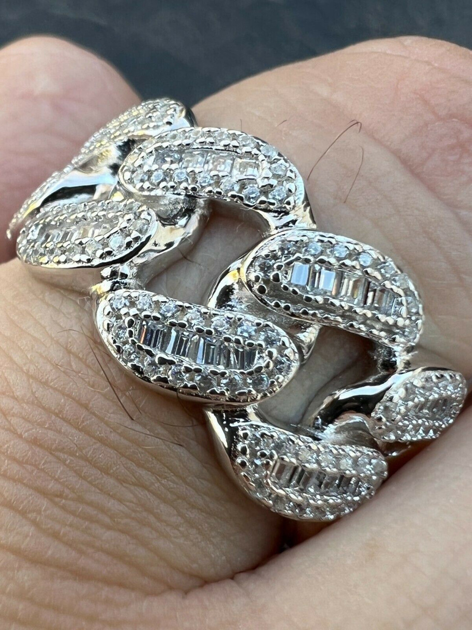 Cuba Chain Stone Silver Ring★2 colors Miami Cuban RING Real Solid 925 Silver Band Pinky Hip Hop