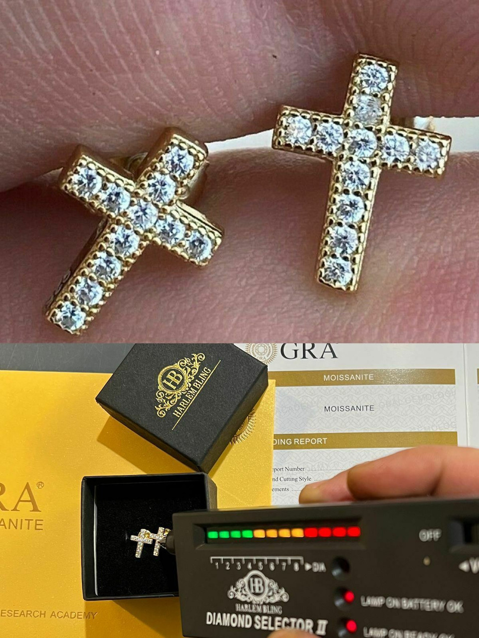 MOISSANITE 14k Gold Vermeil Small Cross Earrings Studs Iced