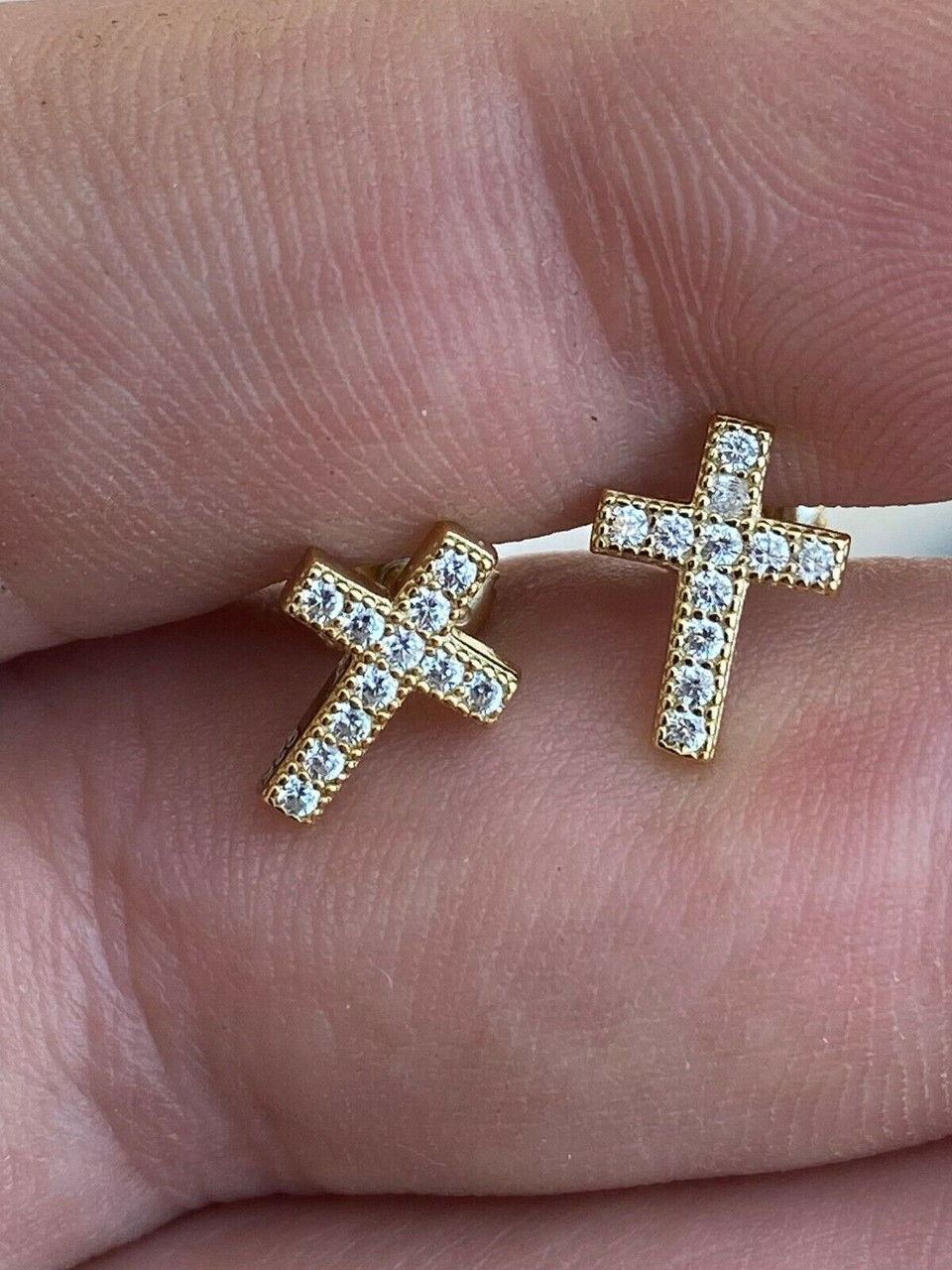 MOISSANITE 14k Gold Vermeil Small Cross Earrings Studs Iced
