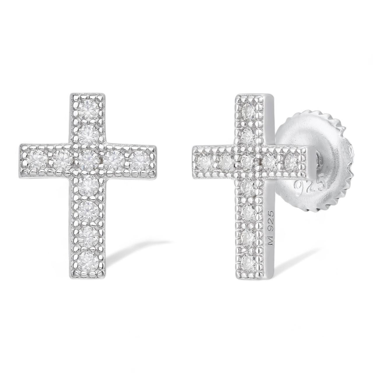 【HYERES LOR】25SS★ SIL(W) Moissanite Cross 1Touch Earrings Real MOISSANITE 925 Silver Small Cross Earrings Studs Iced