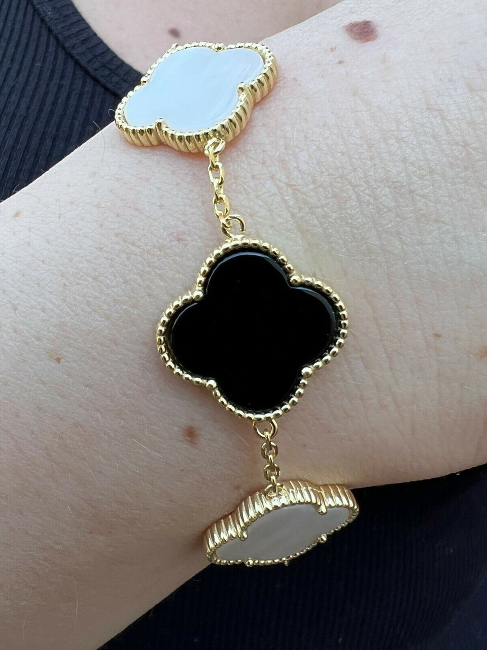 Real 14k Gold Vermeil 925 Black Onyx & Pearl Leaf Clover Flower