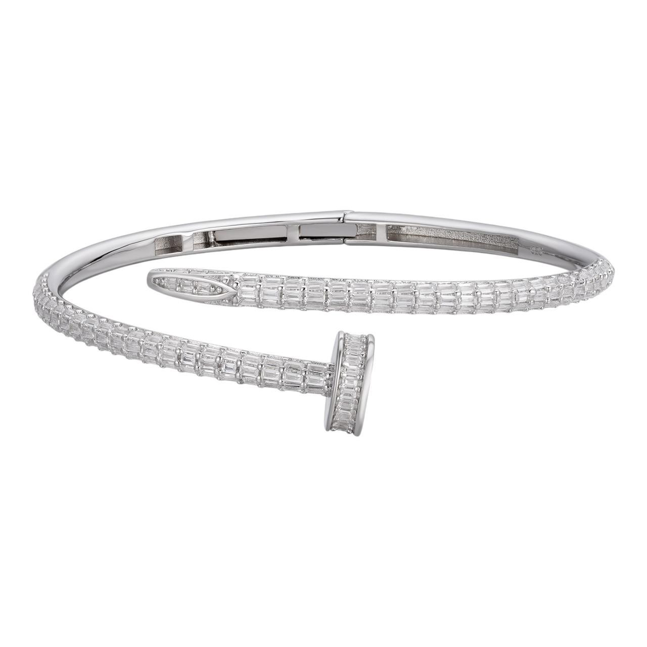 Real 925 Silver Iced Baguette Diamond Nail Bangle Bracelet