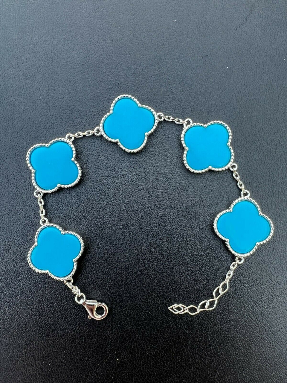 Real 925 Sterling Silver Blue Turquoise Four Leaf Clover